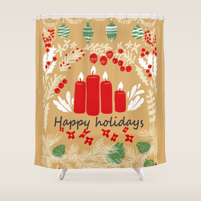 happy holidays christmas greetings - folk art illustration Shower Curtain Gallery Image 1