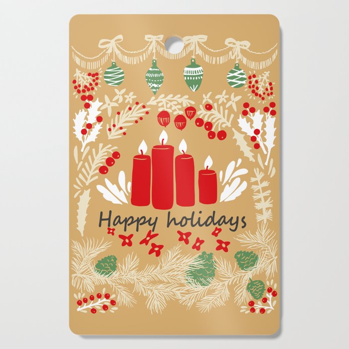 happy holidays christmas greetings - folk art illustration Cutting Board Gallery Image 1