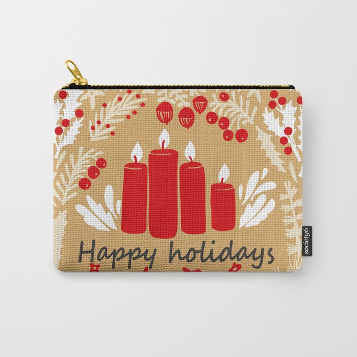 happy holidays christmas greetings - folk art illustration Carry All Pouch Gallery Image 1