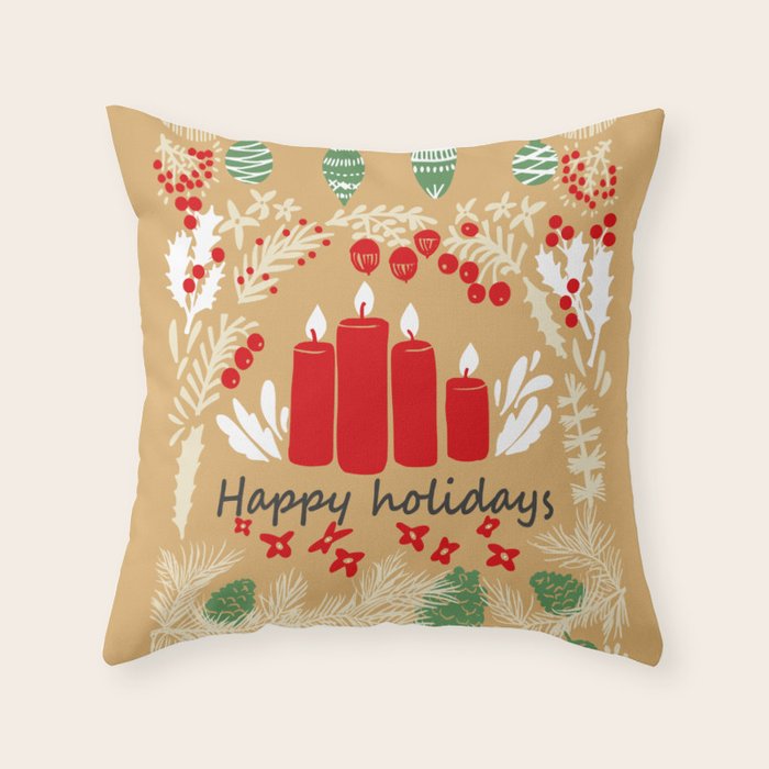 happy holidays christmas greetings - folk art illustration Throw Pillow Gallery Image 6