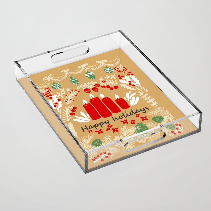 happy holidays christmas greetings - folk art illustration Acrylic Tray Gallery Image 1
