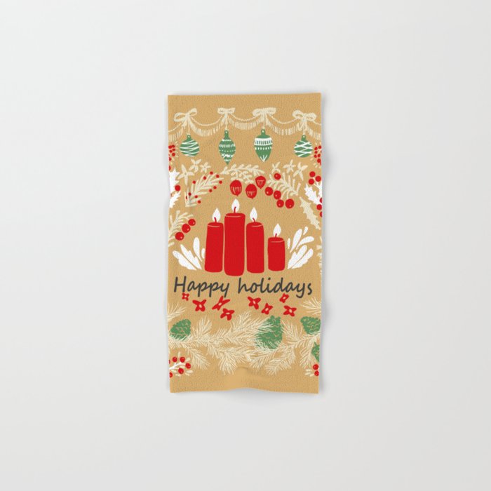 happy holidays christmas greetings - folk art illustration Bath Towel Gallery Image 1