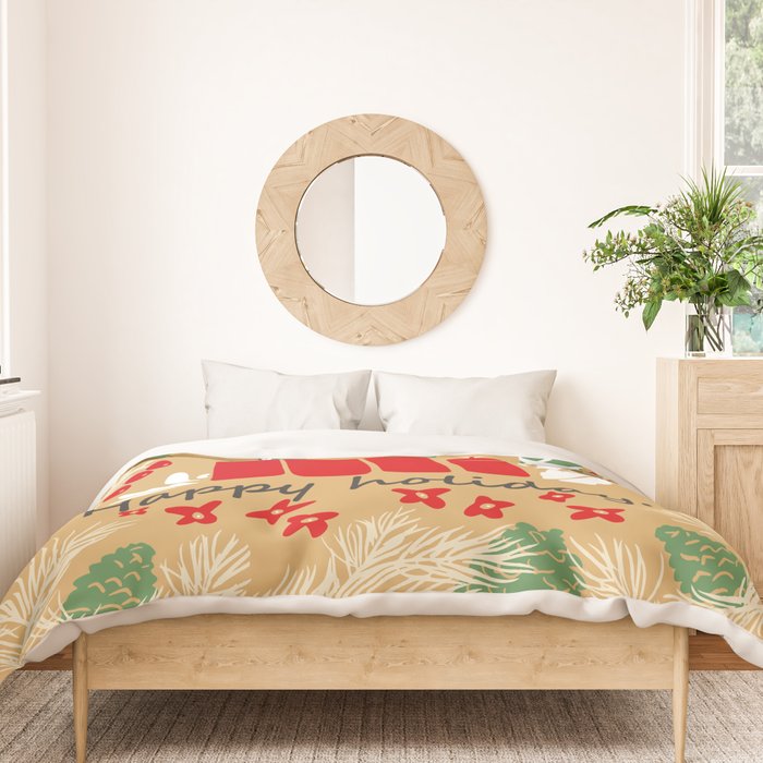 happy holidays christmas greetings - folk art illustration Duvet Cover Gallery Image 3