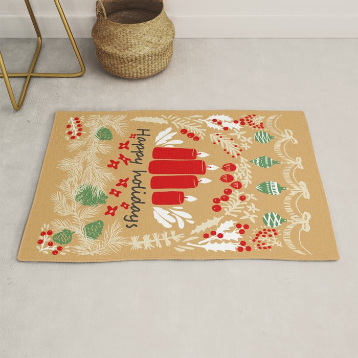 happy holidays christmas greetings - folk art illustration Rug Gallery Image 1
