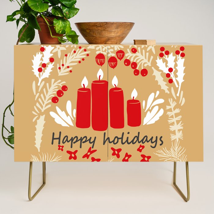 happy holidays christmas greetings - folk art illustration Credenza Gallery Image 1
