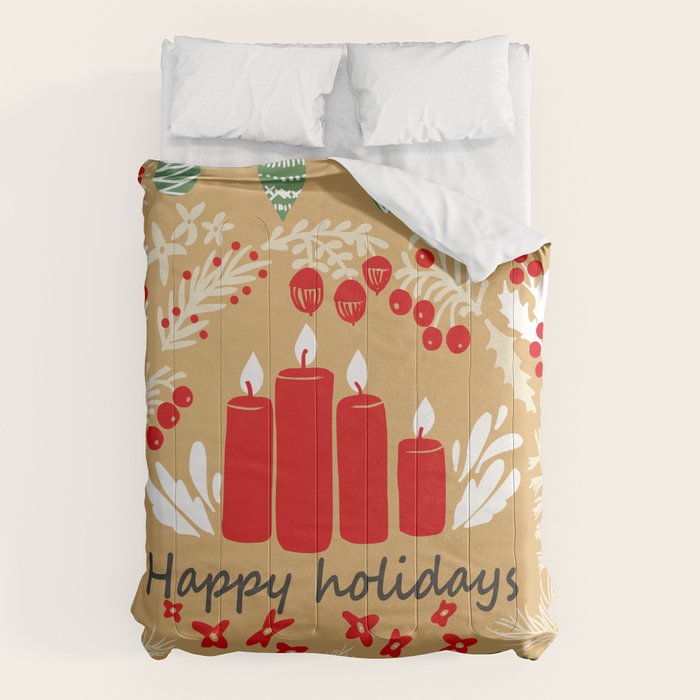 happy holidays christmas greetings - folk art illustration Comforter Gallery Image 1