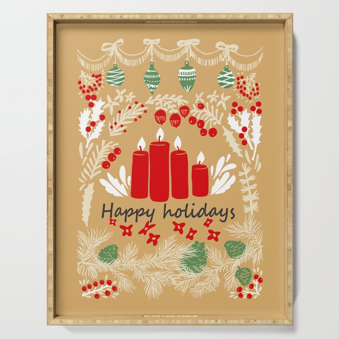 happy holidays christmas greetings - folk art illustration Serving Tray Gallery Image 1