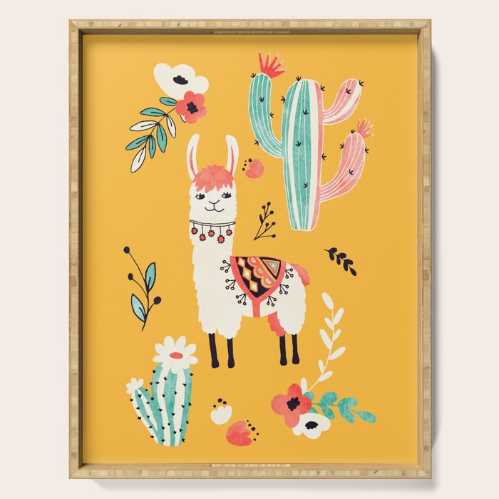 White Llama with flowers Serving Tray Gallery Image 1