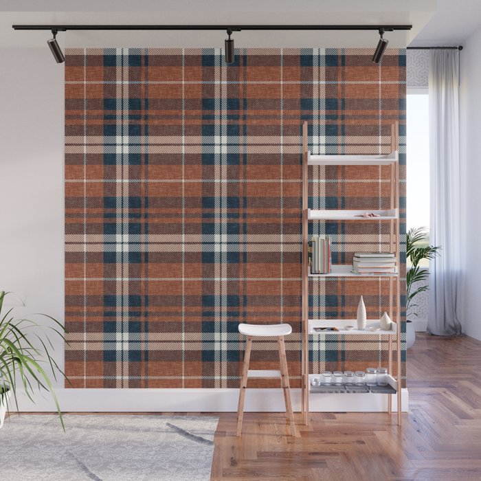 fall plaid - rust and navy blue Wall Mural Gallery Image 1