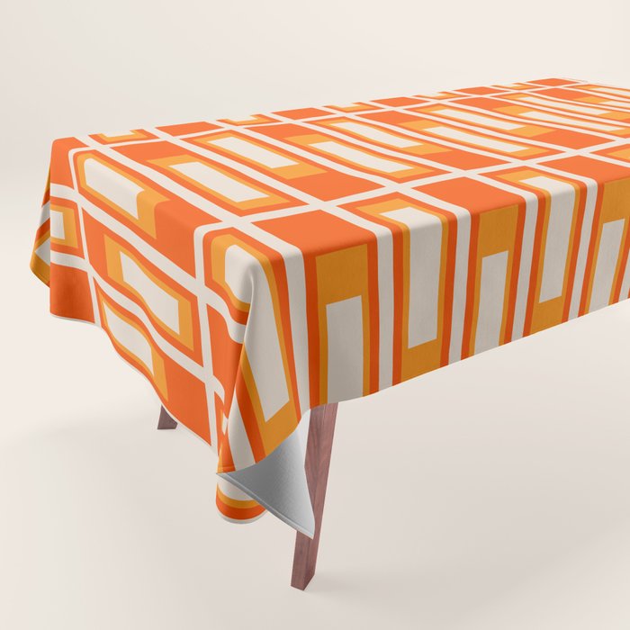 Mid Century Modern Geometric Lexington Ave Pattern in 70s Orange and Cream Beige Tablecloth Gallery Image 1