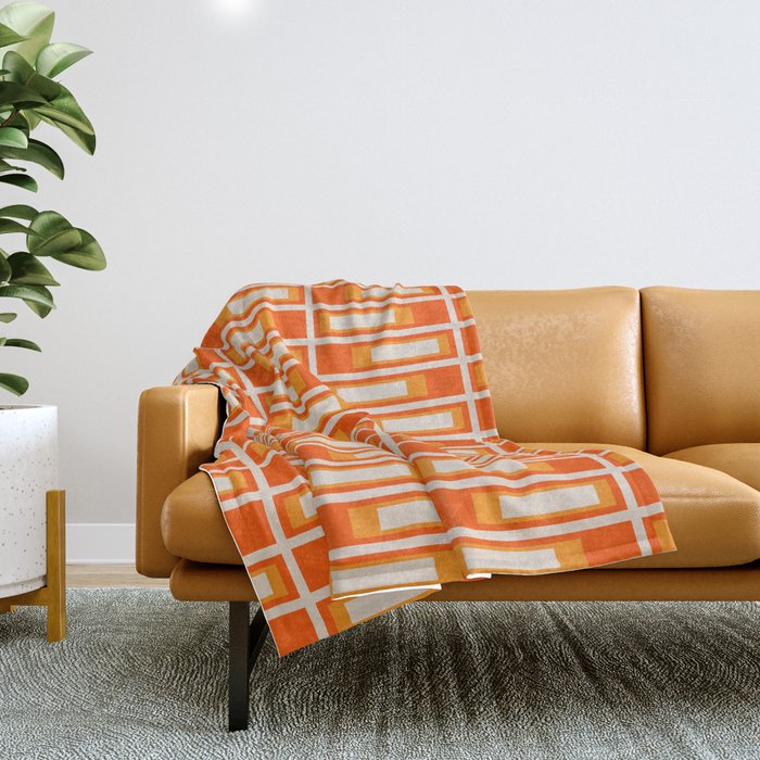 Mid Century Modern Geometric Lexington Ave Pattern in 70s Orange and Cream Beige Throw Blanket Gallery Image 1