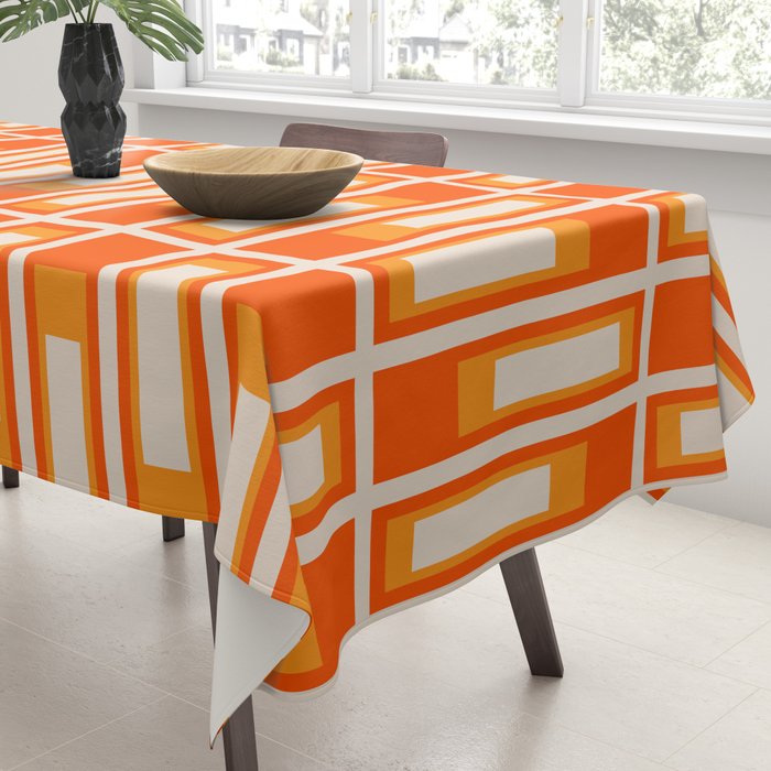Mid Century Modern Geometric Lexington Ave Pattern in 70s Orange and Cream Beige Tablecloth Gallery Image 3