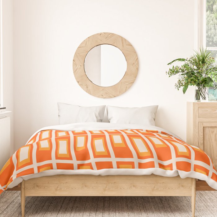 Mid Century Modern Geometric Lexington Ave Pattern in 70s Orange and Cream Beige Duvet Cover Gallery Image 3
