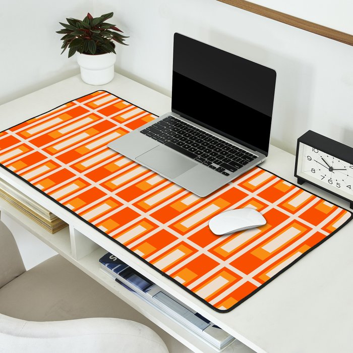 Mid Century Modern Geometric Lexington Ave Pattern in 70s Orange and Cream Beige Desk Mat Gallery Image 2