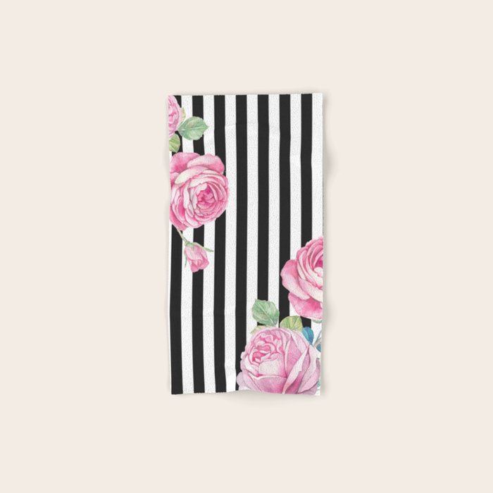 Black white blush pink watercolor floral stripes Bath Towel Gallery Image 1