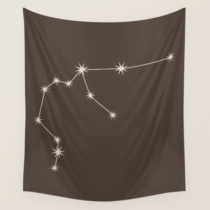 Aquarius Zodiac Star Constellation Line Art Coffee Brown Wall Tapestry Gallery Image 1