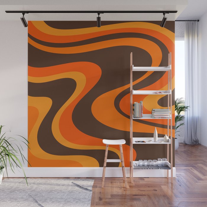 Trippy Dream Wave Machine Abstract Retro Swirl Pattern in 70s Brown and Orange Wall Mural Gallery Image 1