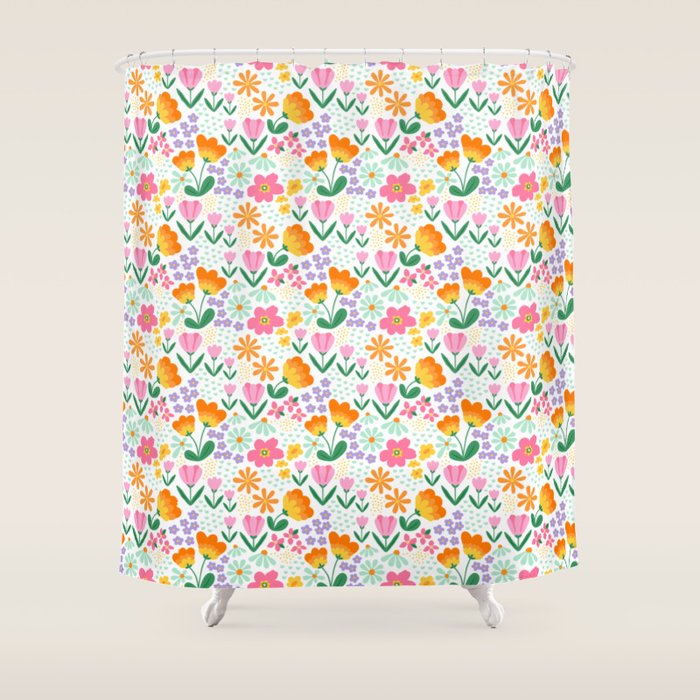 Colorful retro flower folk art pattern Shower Curtain Gallery Image 1