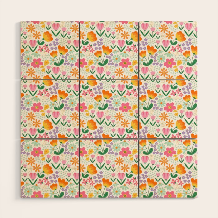 Colorful retro flower folk art pattern Wood Wall Art Gallery Image 1