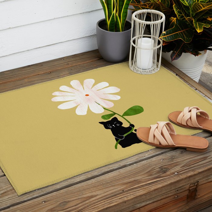Cat with flower Outdoor Rug Gallery Image 2