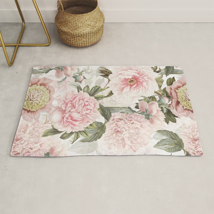 Vintage & Shabby Chic - Antique Pink Peony Flowers Garden Rug Gallery Image 1