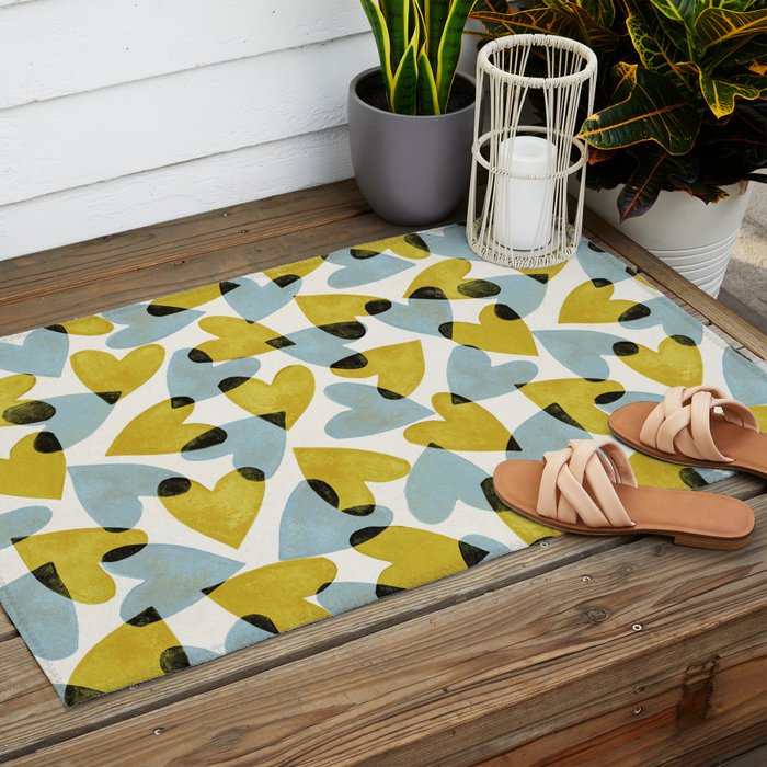 Linocut Hearts / Blue & Yellow Outdoor Rug Gallery Image 2