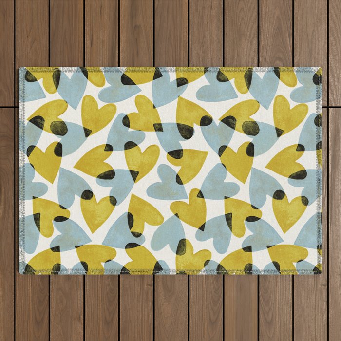 Linocut Hearts / Blue & Yellow Outdoor Rug Gallery Image 1