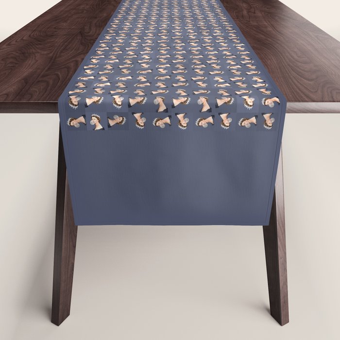 Queen Elizabeth in blue satin blowing a bubble gum Table Runner Gallery Image 1
