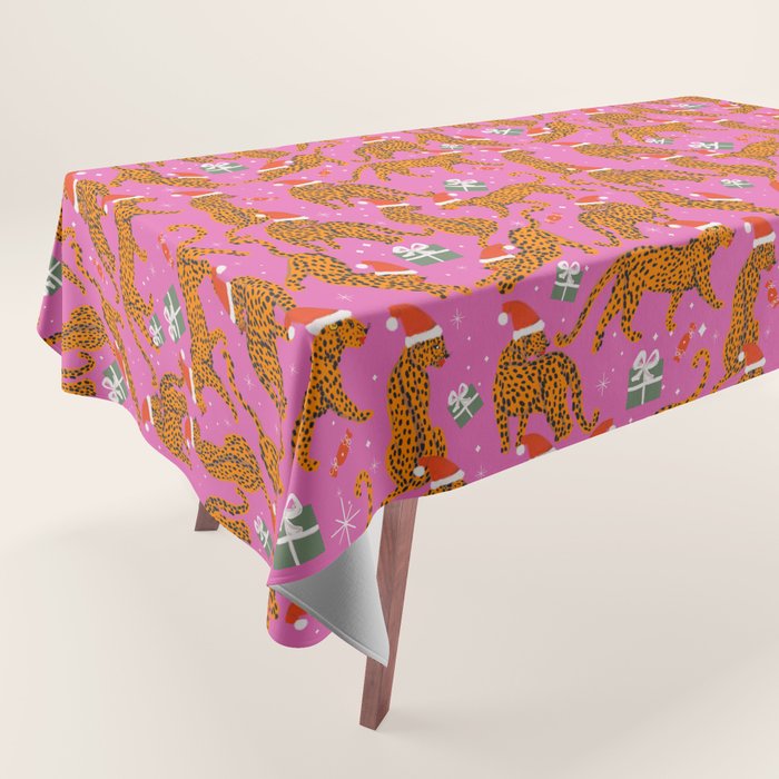 Fashionable cats with Christmas hats and gifts in fuchsia pink background  Tablecloth Gallery Image 1