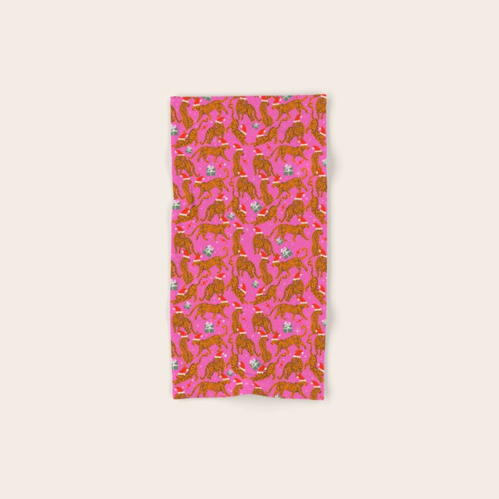 Fashionable cats with Christmas hats and gifts in fuchsia pink background  Bath Towel Gallery Image 1