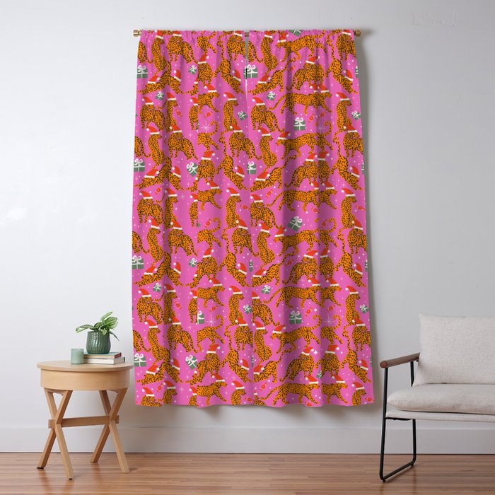 Fashionable cats with Christmas hats and gifts in fuchsia pink background  Window Curtain Gallery Image 1