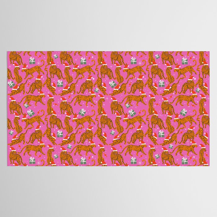 Fashionable cats with Christmas hats and gifts in fuchsia pink background  Tablecloth Gallery Image 2