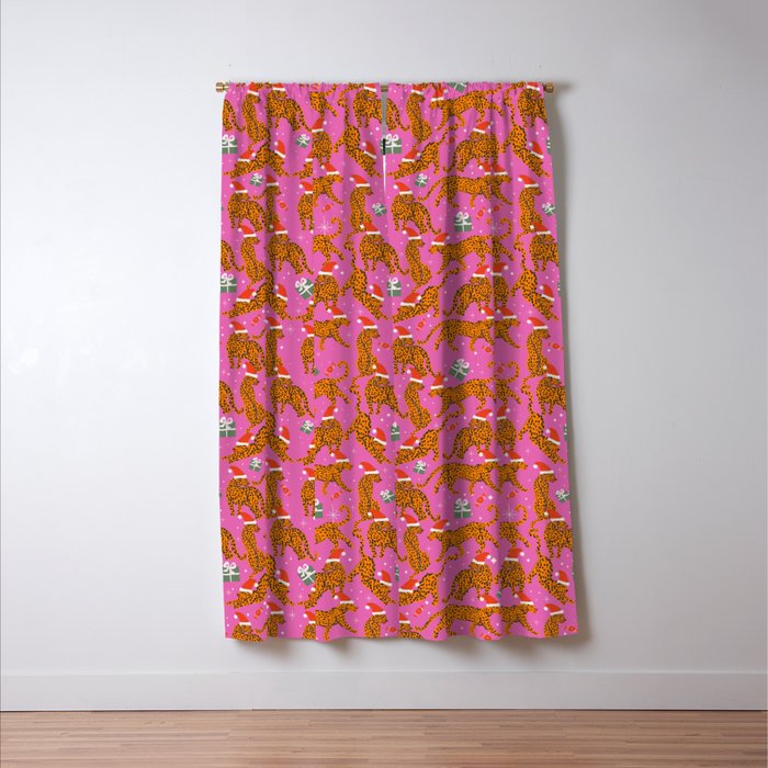 Fashionable cats with Christmas hats and gifts in fuchsia pink background  Window Curtain Gallery Image 3