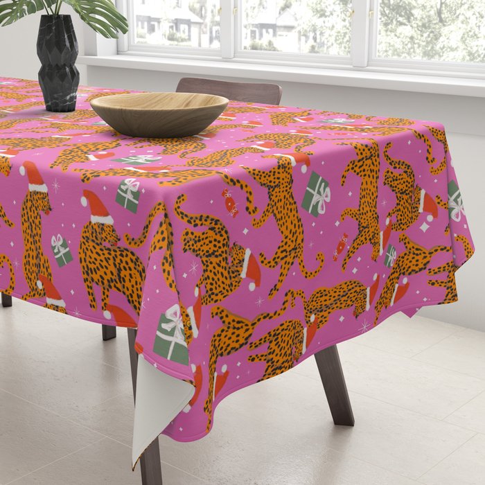 Fashionable cats with Christmas hats and gifts in fuchsia pink background  Tablecloth Gallery Image 3