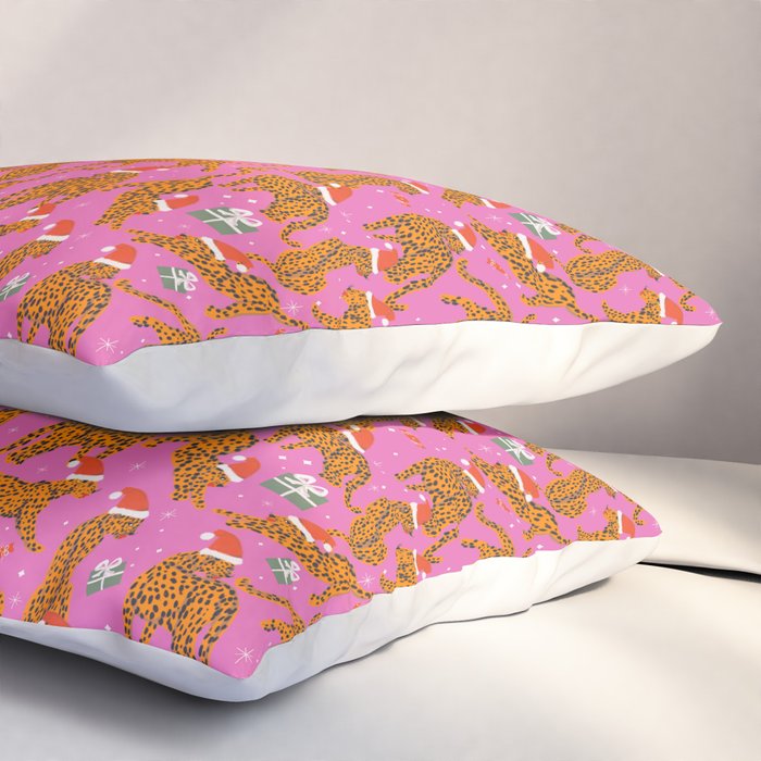 Fashionable cats with Christmas hats and gifts in fuchsia pink background  Pillow Sham Gallery Image 3