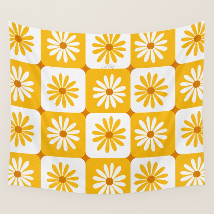 Checkered Daisies - Yellow Wall Tapestry Gallery Image 4