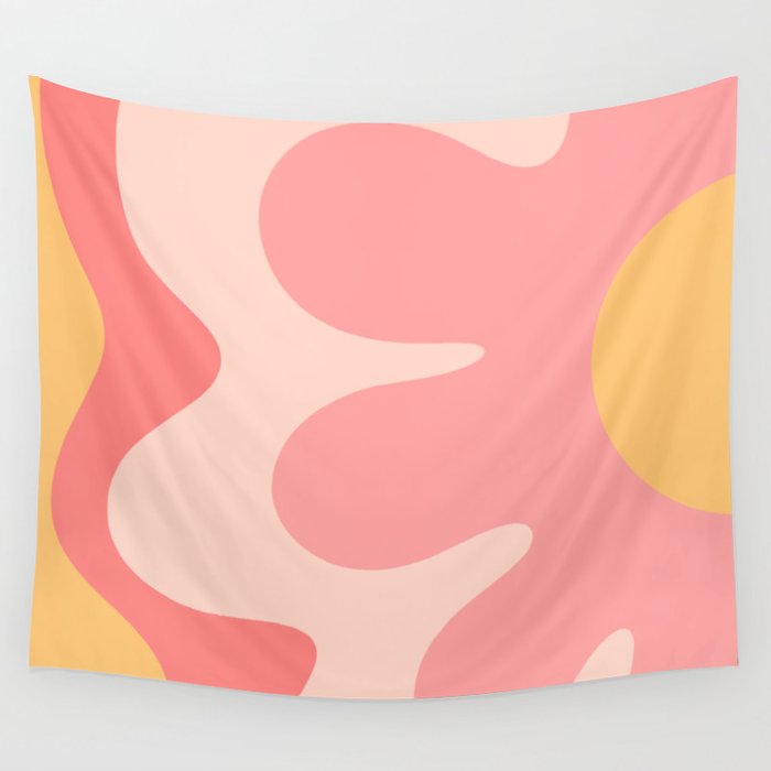 Happy Flower 60s Retro Vibe Pink Blush Mustard  Wall Tapestry Gallery Image 4