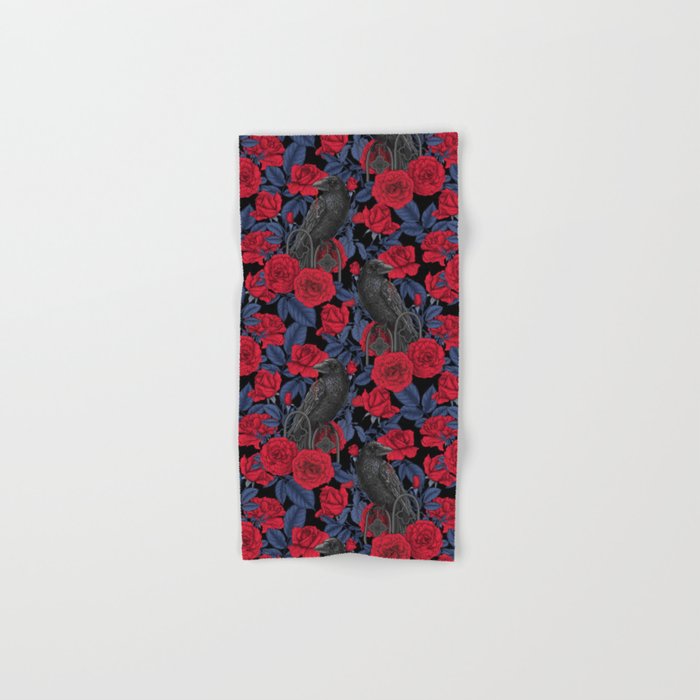 Ravens and red roses with blue leaves Bath Towel Gallery Image 1