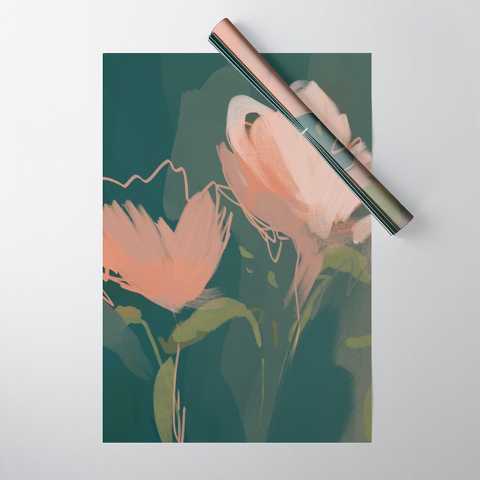 Pink Pastel Flowers On Green Canvas. Wrapping Paper Gallery Image 1