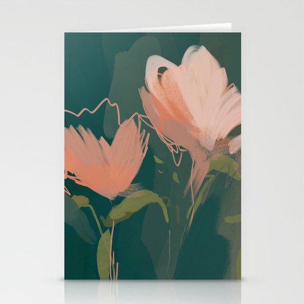 Pink Pastel Flowers On Green Canvas. Stationery Card Gallery Image 2