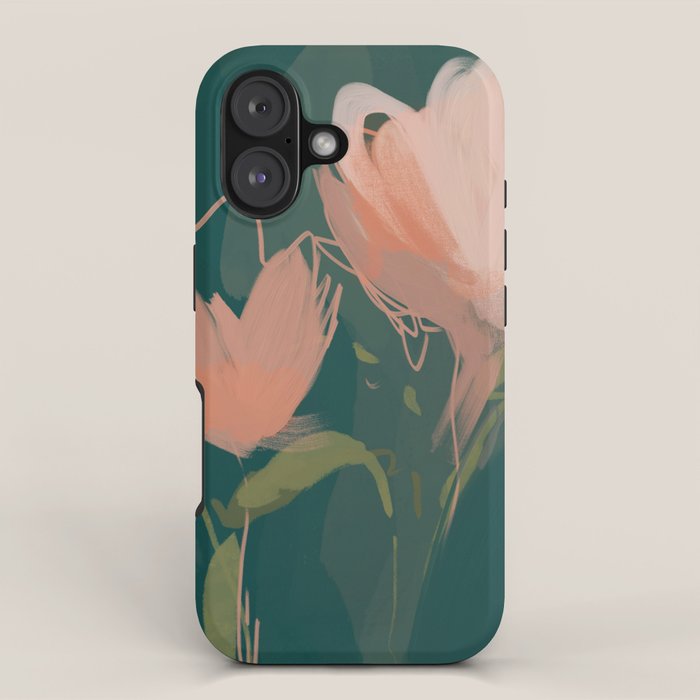 Pink Pastel Flowers On Green Canvas. iPhone Case Gallery Image 1