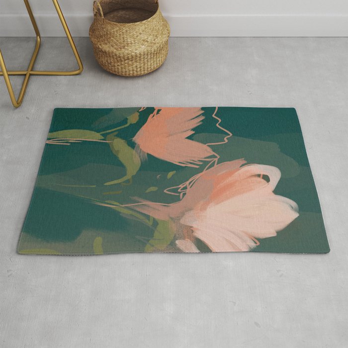 Pink Pastel Flowers On Green Canvas. Rug Gallery Image 1