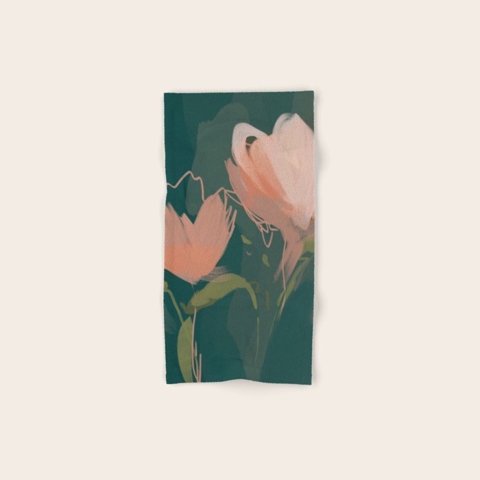 Pink Pastel Flowers On Green Canvas. Bath Towel Gallery Image 1