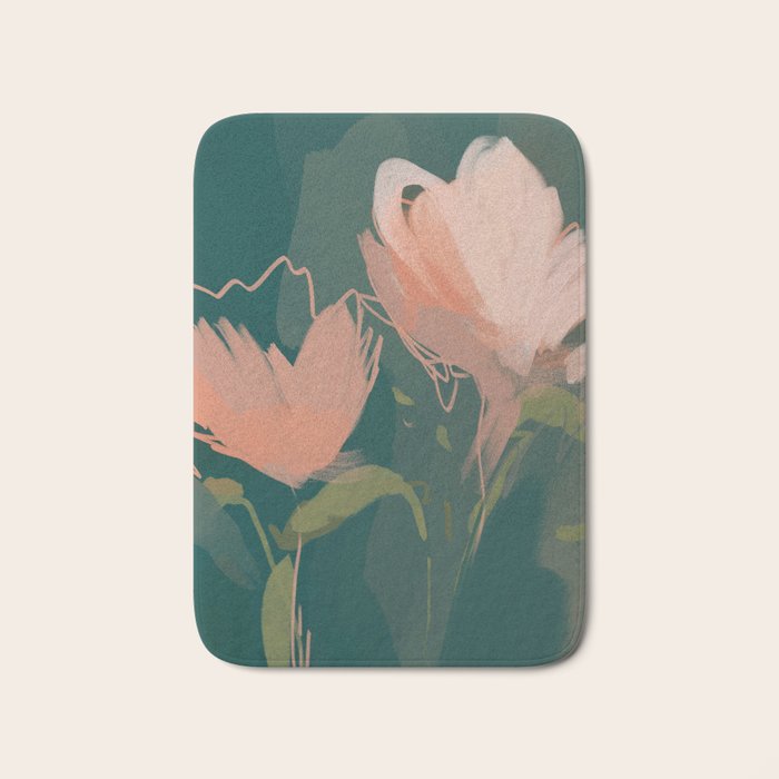 Pink Pastel Flowers On Green Canvas. Bath Mat Gallery Image 1