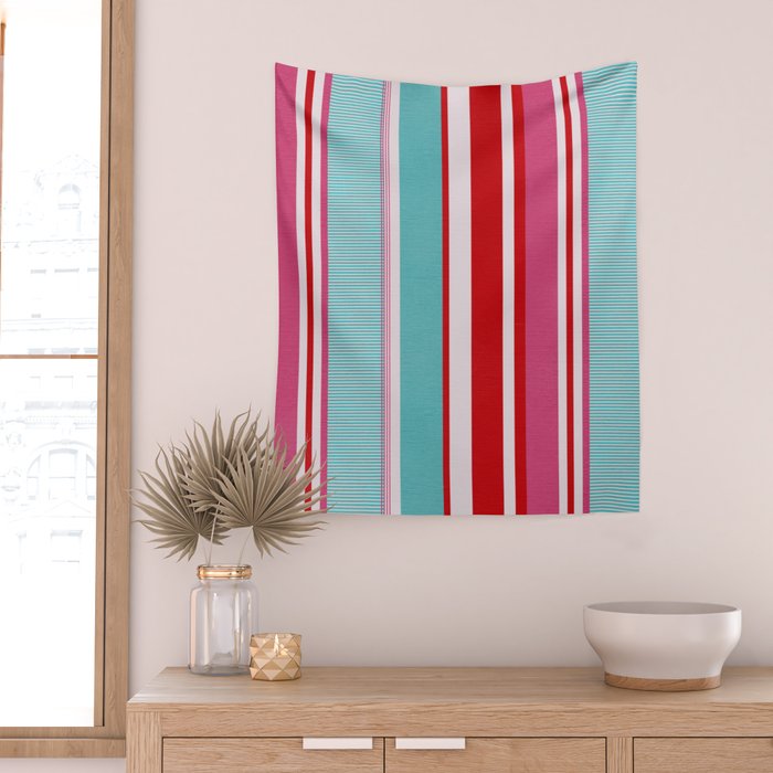 Bold Color Play Pink And Turquoise Stripes Wall Tapestry Gallery Image 2