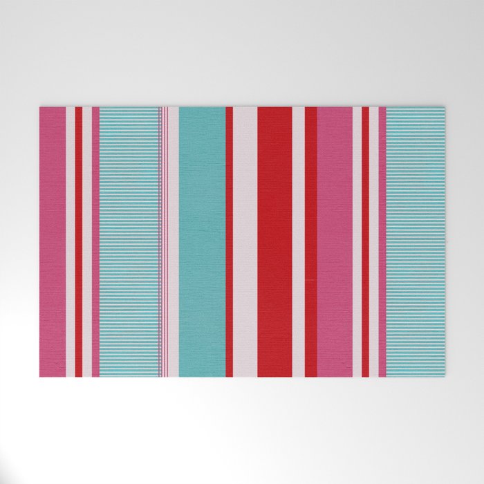 Bold Color Play Pink And Turquoise Stripes Welcome Mat Gallery Image 1