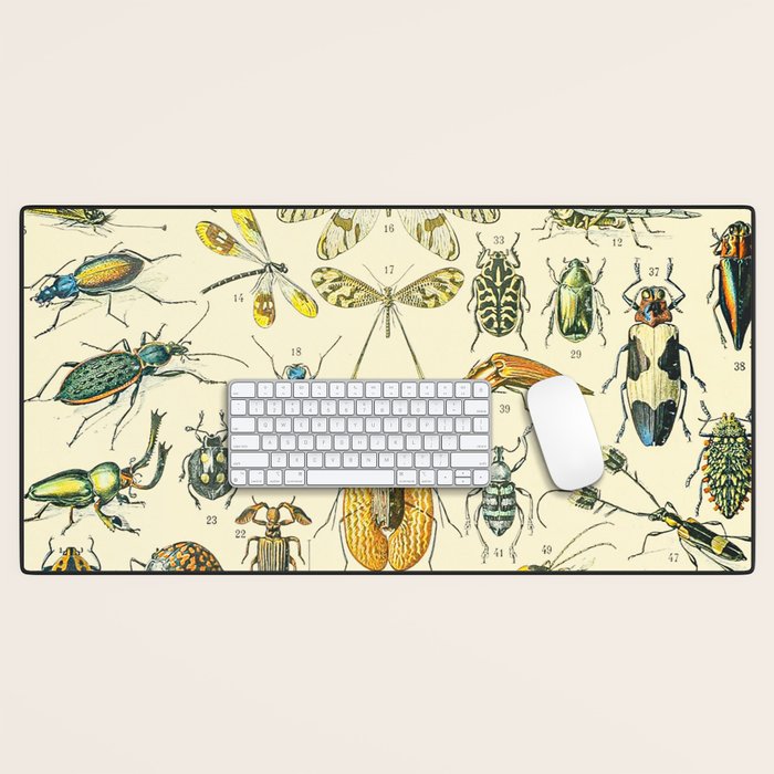 Bugs and Insect Vintage Illustration Drawing by Adolphe Millot of Giant Beatle Dragon Flies Leaf Bug Desk Mat Gallery Image 1