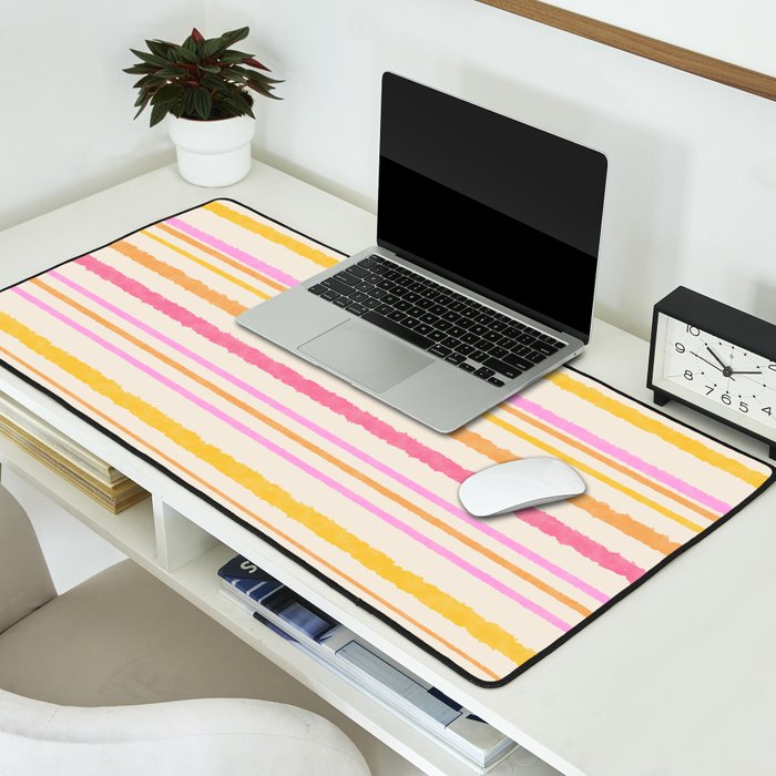 Liquid Summer Watercolor Stripes Pattern Pink Yellow Orange Cream Desk Mat Gallery Image 2