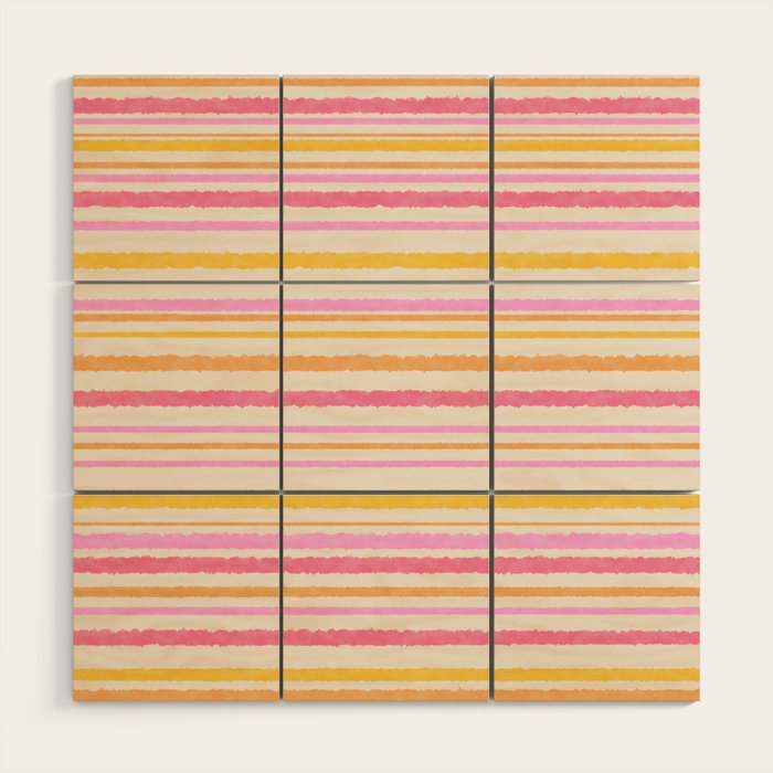 Liquid Summer Watercolor Stripes Pattern Pink Yellow Orange Cream Wood Wall Art Gallery Image 1