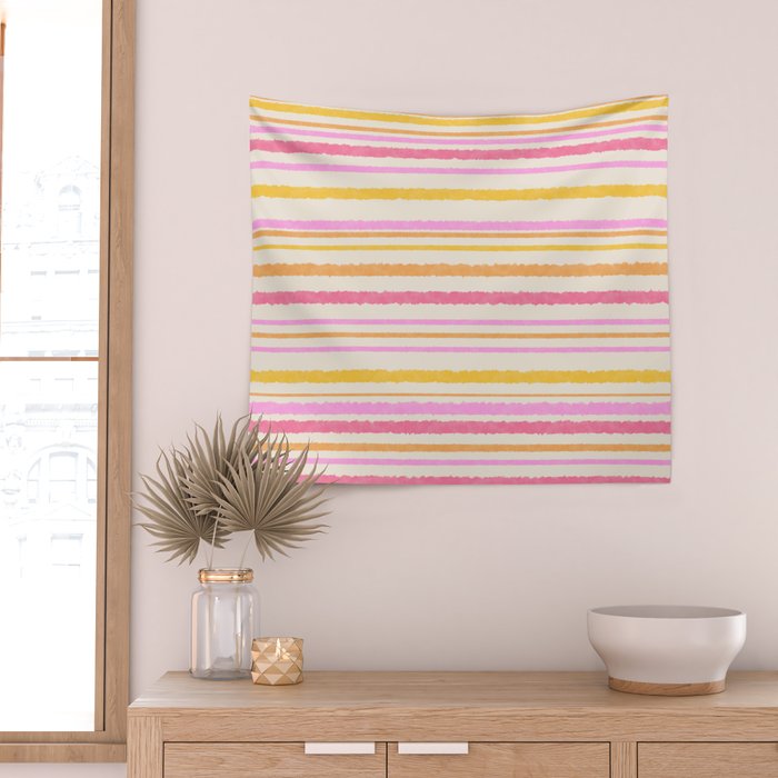 Liquid Summer Watercolor Stripes Pattern Pink Yellow Orange Cream Wall Tapestry Gallery Image 2